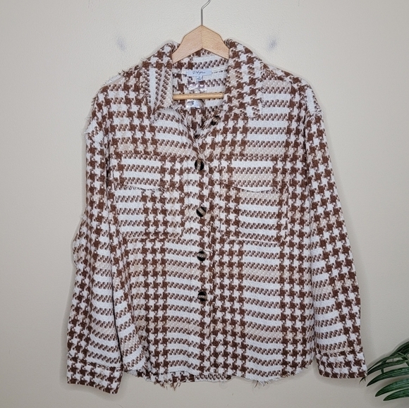 NWOT Polagram | Brown & Ivory Houndstooth Button Front Shirt Jacket Shacket - Picture 1 of 7